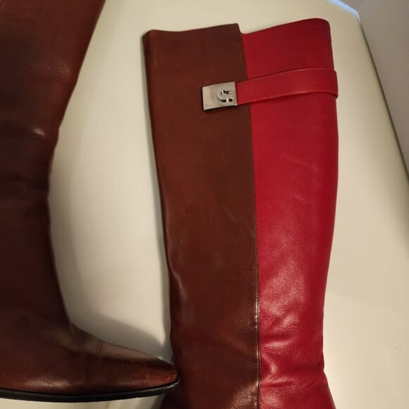 Salvatore Ferragamo Two-Tone Red & Brown Leather Heeled Boots - Picture 4 of 7